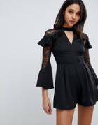 Lipsy Ruffle Romper With Lace Inserts - Black