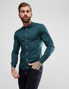 Asos Skinny Shirt In Teal With Grandad Collar - Green