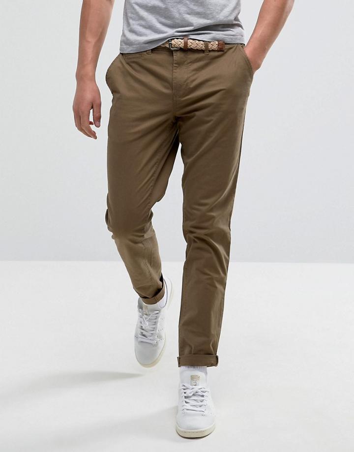 Pull & Bear Slim Chinos In Tan With Belt - Tan