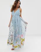 Asos Design Tulle Maxi Dress With Delicate Floral Embroidery And Twist Straps-blue