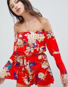 Parisian Floral Print Off Shoulder Romper With Tie Waist - Red