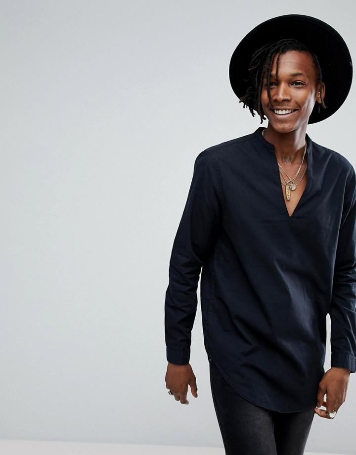 Asos Regular Fit Viscose Shirt With V Neck - Black