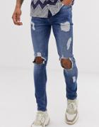 Asos Design Super Skinny Jeans In Mid Wash Blue With Open Rips - Blue