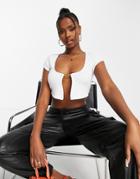 Asos Design Cropped Cardigan In Crinkle Texture With Metal Detail In White