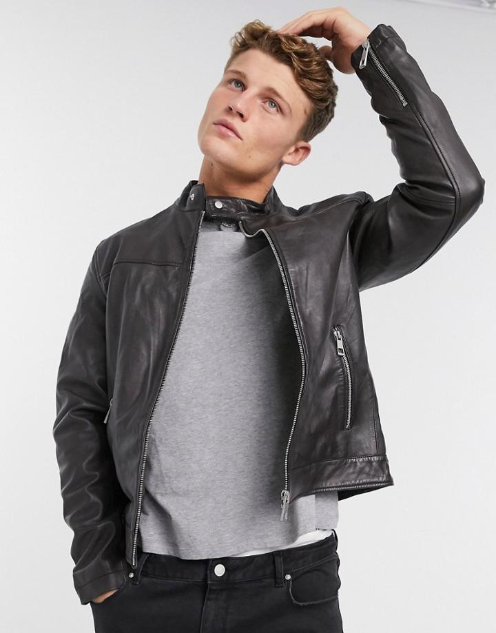 Asos Design Leather Racer Jacket In Dark Brown