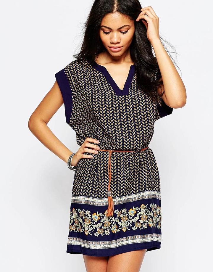 Brave Soul Border Print Belted Tunic Dress - Blue