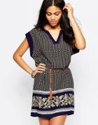Brave Soul Border Print Belted Tunic Dress - Blue