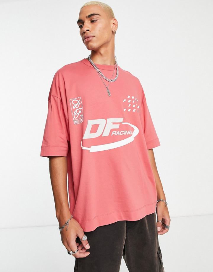 Asos Dark Future Oversized T-shirt With Front And Back Racing Graphic Gloss Prints In Red