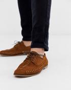 Asos Design Lace Up Shoes In Woven Tan Faux Leather - Tan
