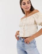 Asos Design Off Shoulder Top With Button Detail In Linen-beige