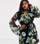 Asos Design Curve Embroidered Wrap Mini Dress With Blouson Sleeve And Tie Waist