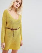 Goldie No Other Way Knitted Sweater Dress With Belt - Yellow