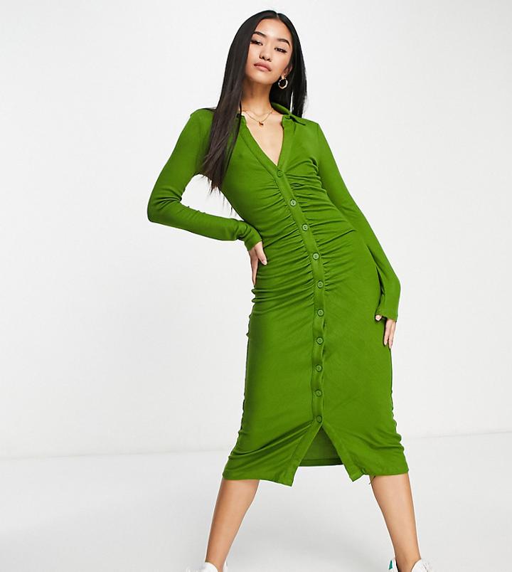 Stradivarius Ruched Detail Polo Midi Dress In Dark Green