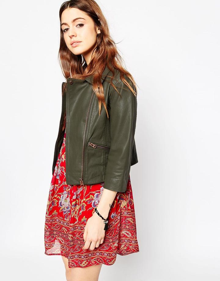 Asos Biker Jacket In Cropped Vintage Washed Leather - Khaki