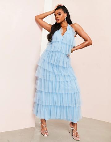 Asos Luxe Ruffle Tulle Maxi Dress In Blue