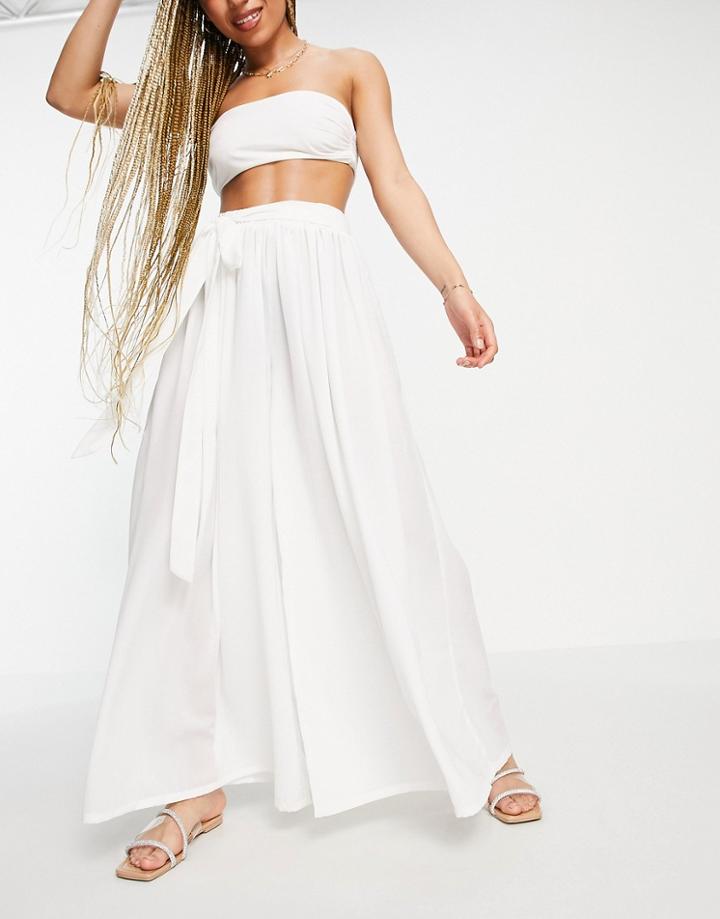 Asos Design Chiffon Belted Wide Leg Beach Pants In White - Part Of A Set