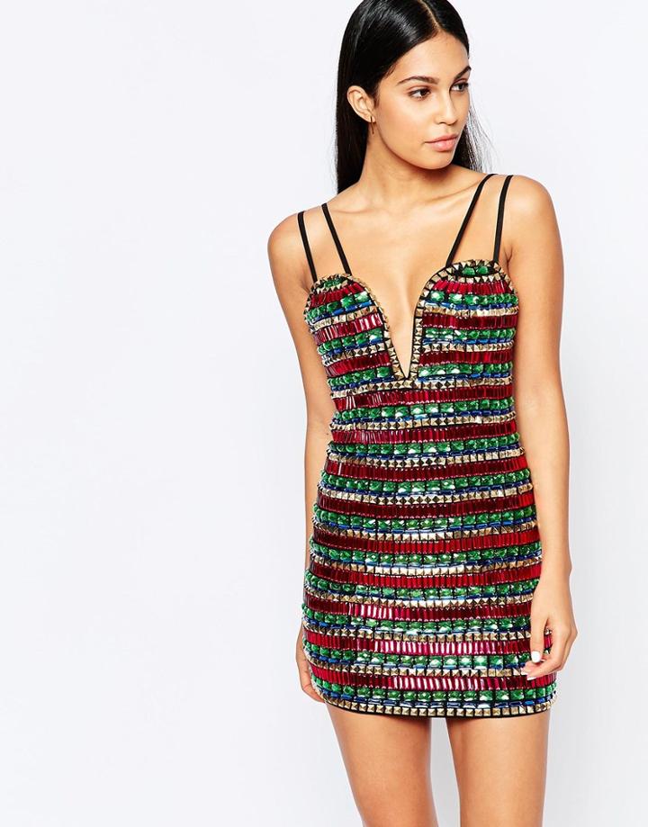 Rare Opulence Embellished Plunge Body-conscious Dress - Multi