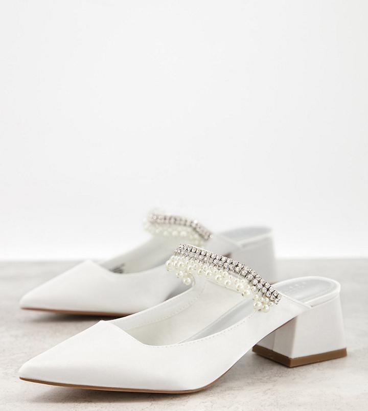 Asos Design Wide Fit Webster Embellished Heeled Mules In Ivory-white