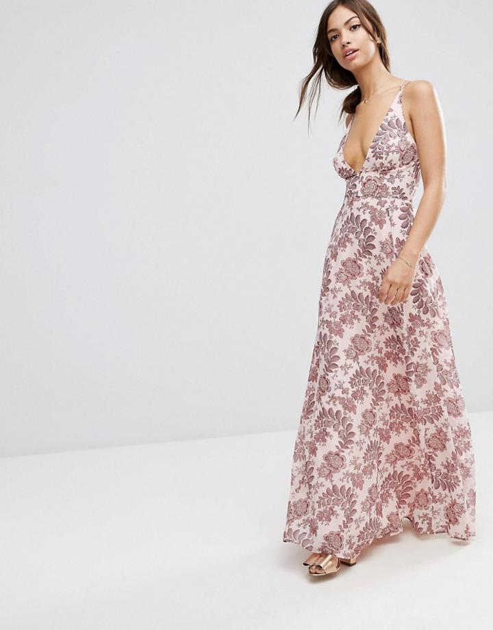 Asos Deep Plunge Cami Maxi Dress In Pink Paisley Floral - Multi