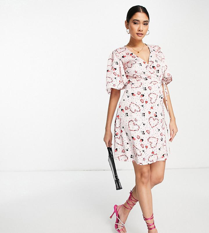 Liquorish Asos Exclusive Mini Wrap Dress In Cream Heart Print-white
