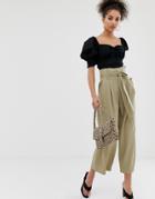 C By Cubic Paperbag Waist Wide Leg Pants In Khaki - Blue