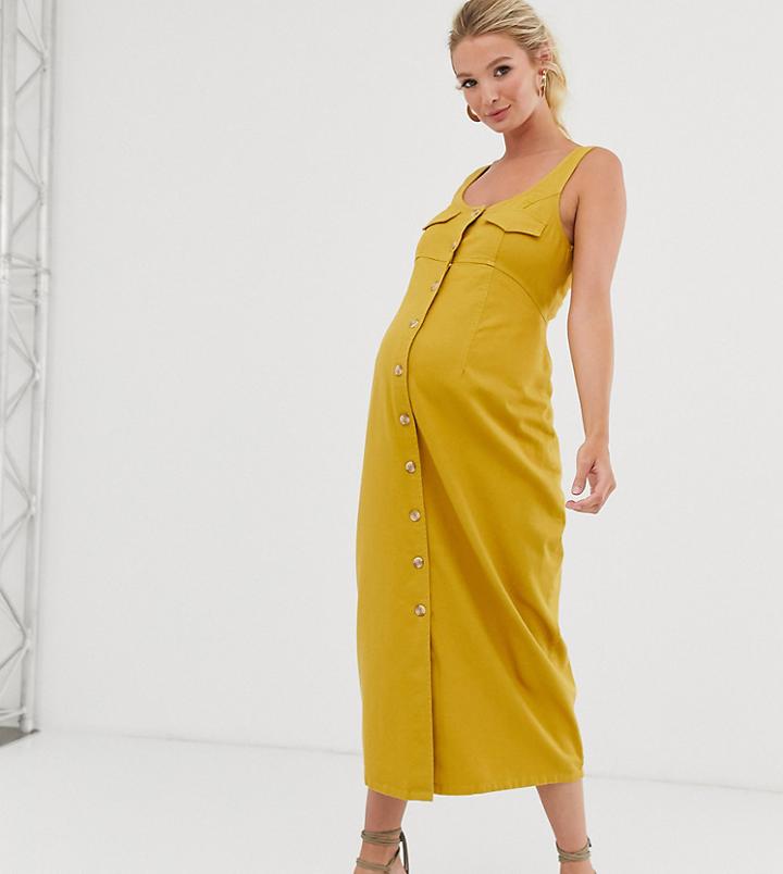 Asos Design Maternity Denim Button Down Midi Dress In Mustard-orange