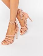 Faith Daft Pink Suede Ghillie Tie Up Heeled Sandals - Salmon Pink
