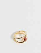 Asos Design Ring In Split Bamboo Design With Semi-precious Red Jasper Stone In Gold Tone - Gold