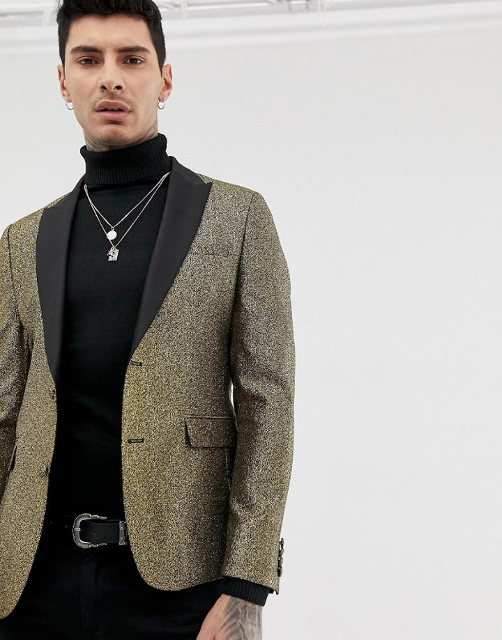 Asos Design Skinny Blazer In Gold Glitter With Black Satin Lapel