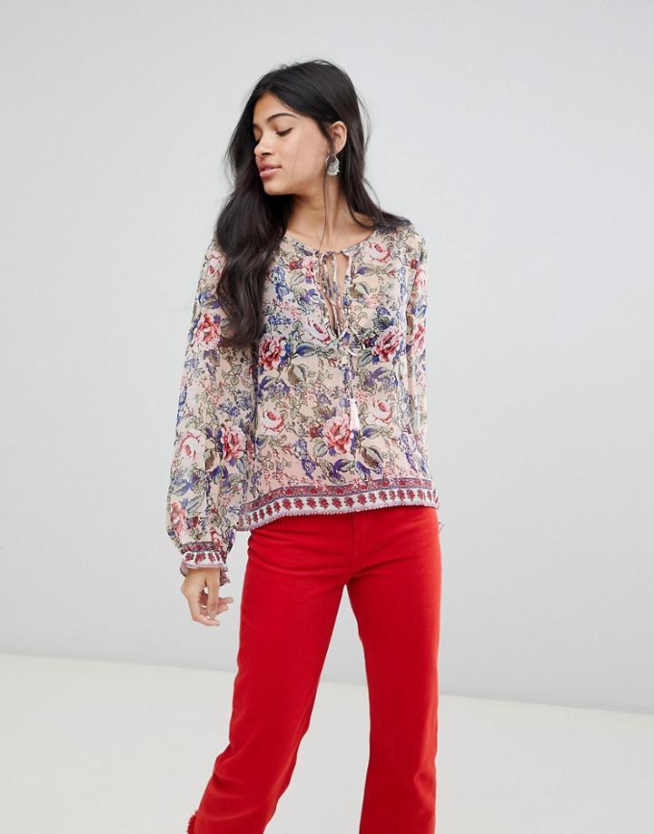 Raga Victoria Printed Tassle Front Blouse - Pink