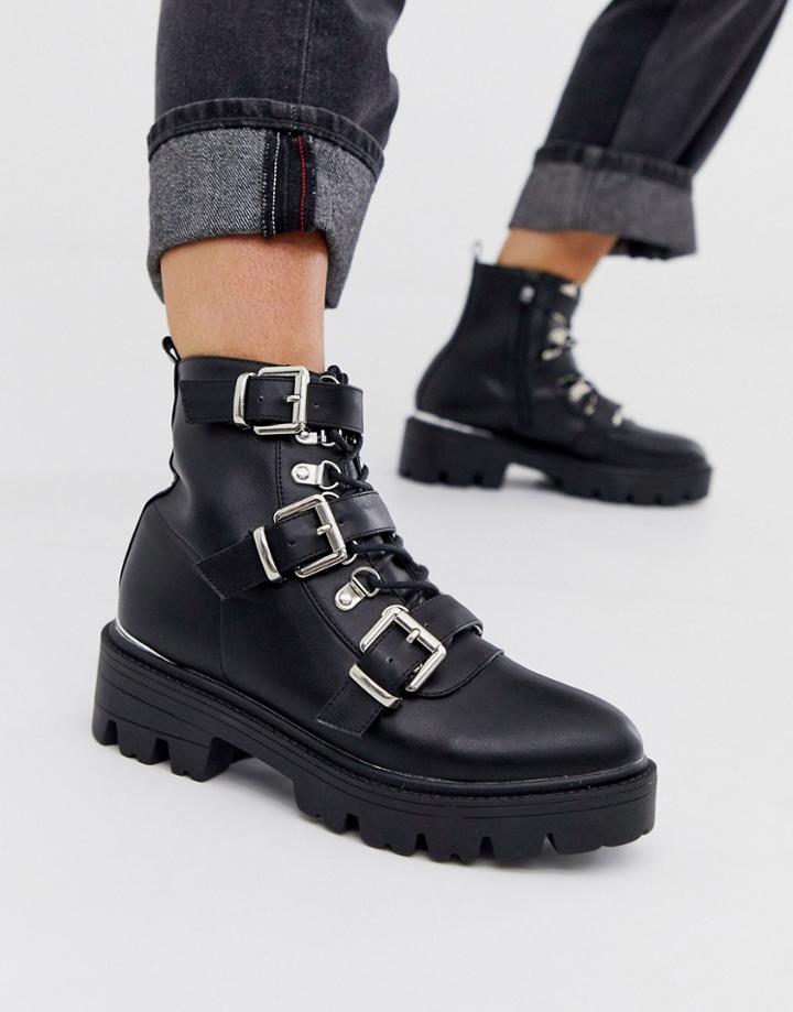 Raid Fall Black Buckle Detail Chunky Flat Boots