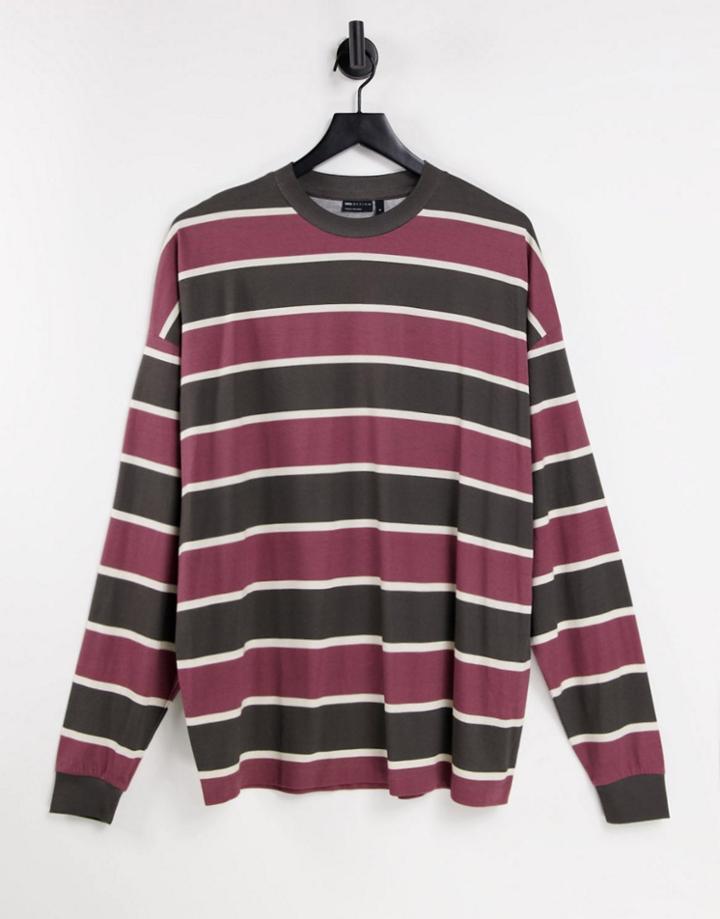 Asos Design Oversized Long Sleeve Stripe T-shirt In Burgundy & Black-red