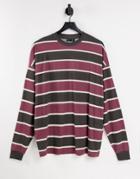Asos Design Oversized Long Sleeve Stripe T-shirt In Burgundy & Black-red