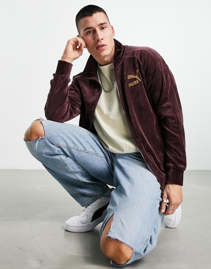 Puma Icon Velour Track Jacket In Burgundy And Gold-red