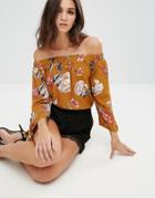 Ax Paris Bardot Top With Gold Buttons In Bold Floral Print - Tan