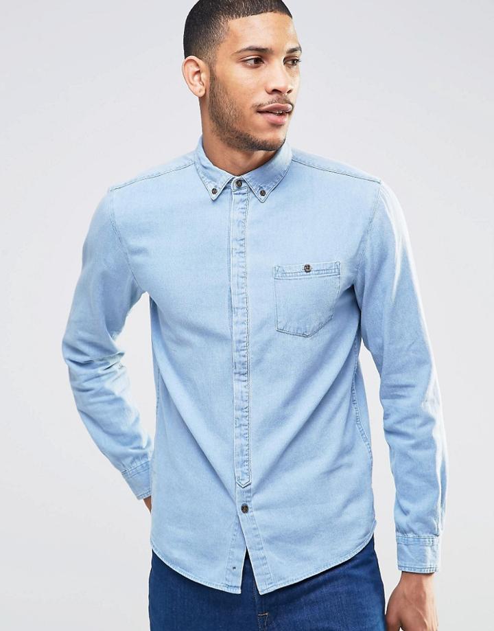 Pull & Bear Denim Shirt In Light Wash Blue In Regular Fit - Light Blue