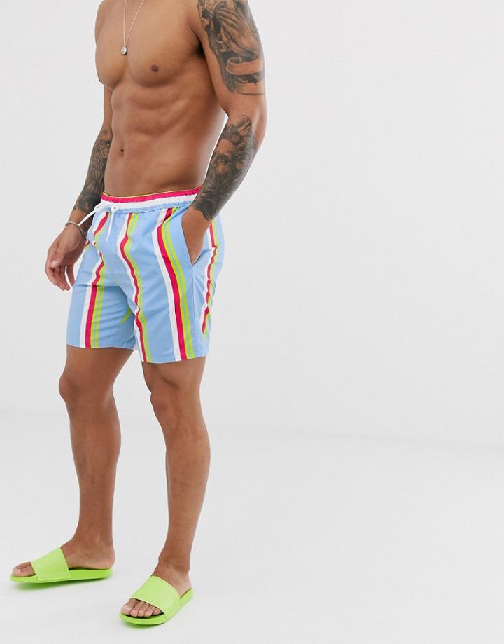 Asos Design Swim Shorts In Pink And Green Stripe Mid Length - Multi