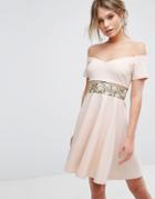 New Look Embroidered Bardot Mini Dress - Beige