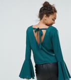 Boohoo Petite Flare Sleeve V Neck Blouse - Green