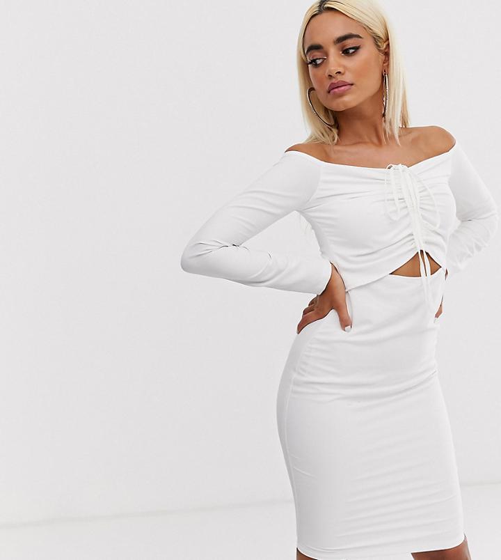 John Zack Petite Long Sleeve Cut Out Midi Dress With Ruching In White - White