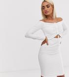 John Zack Petite Long Sleeve Cut Out Midi Dress With Ruching In White - White