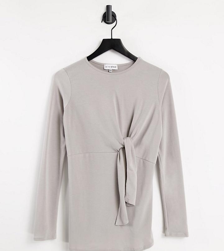 In The Style X Dani Dyer Maternity Twist Front Long Sleeve Top In Gray-grey