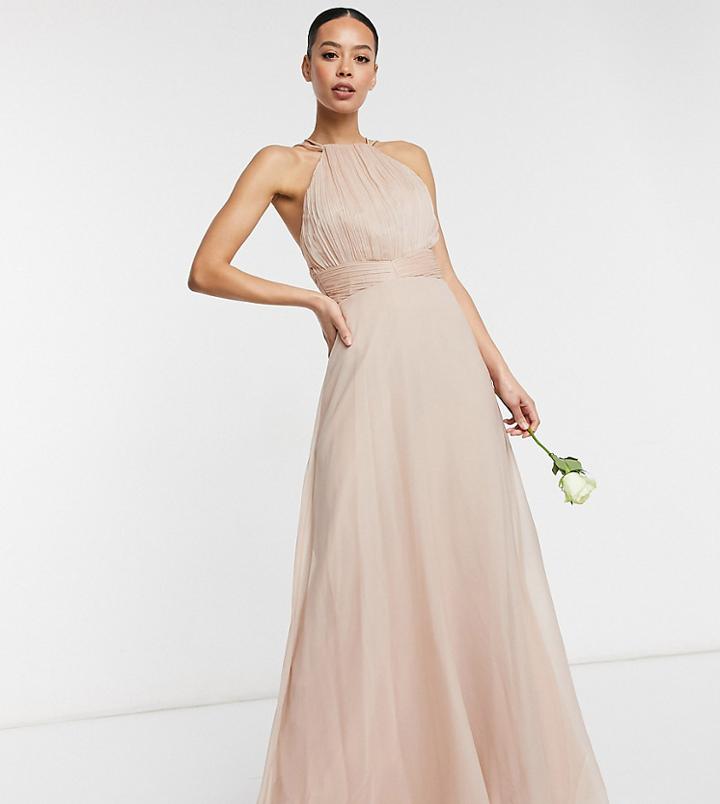 Asos Design Tall Bridesmaid Ruched Pinny Maxi Dress With Tie Waist Detail In Blush-pink