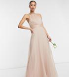 Asos Design Tall Bridesmaid Ruched Pinny Maxi Dress With Tie Waist Detail In Blush-pink
