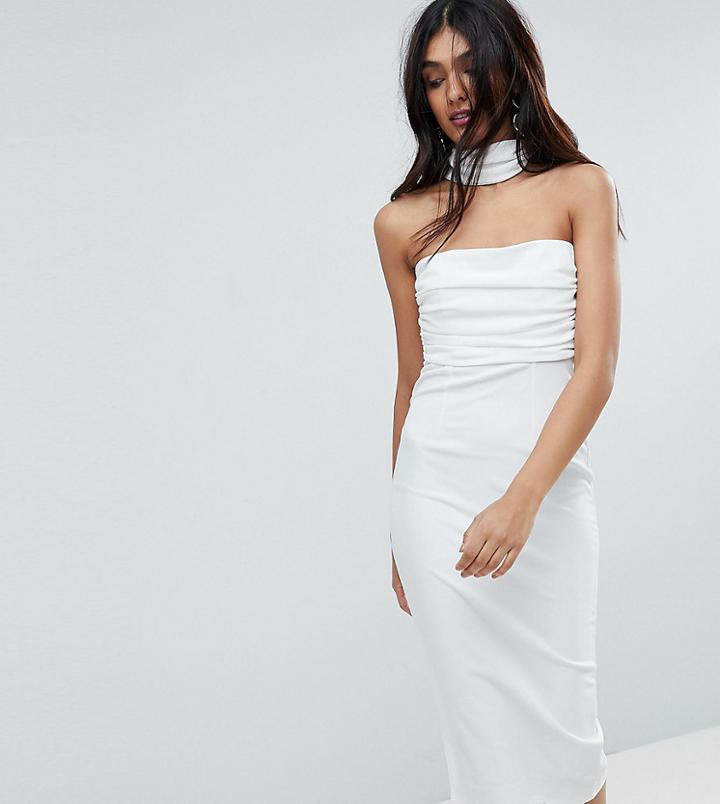 Asos Tall Ruched Bodice Cross Back Midi Bodycon Dress - Cream