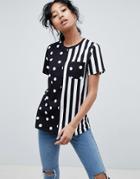 Asos Design T-shirt In Spot & Stripe With Pocket - Multi