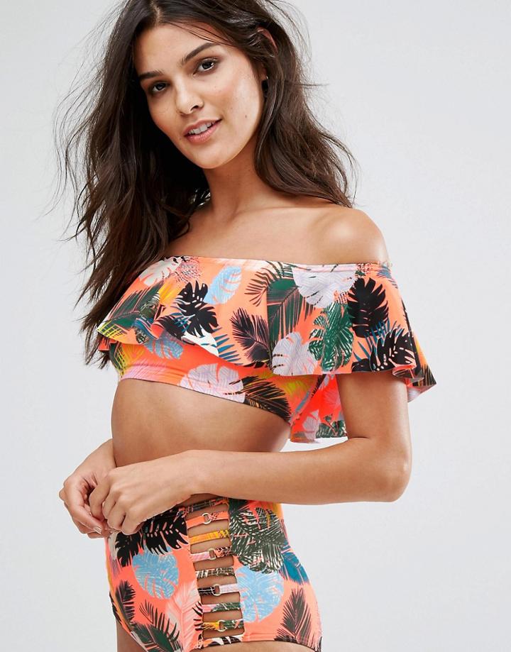 New Look Floral Flounce Bikini Top - Orange