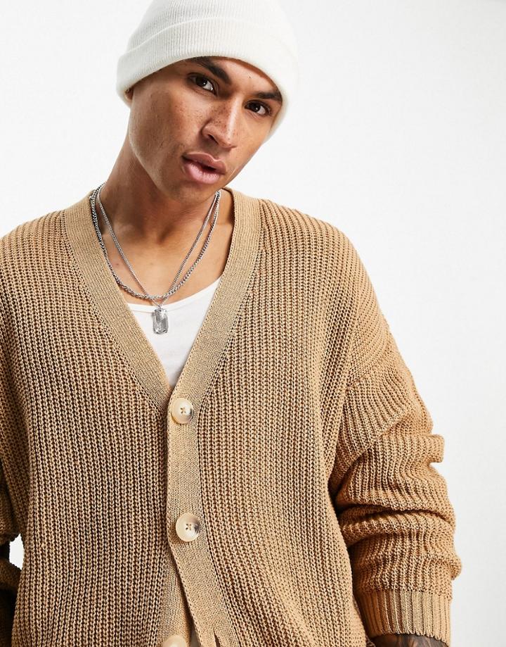 Asos Design Knitted Oversized Fisherman Rib Cardigan In Camel-brown