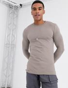 Asos Design Muscle Fit Long Sleeve T-shirt With Crew Neck In Beige