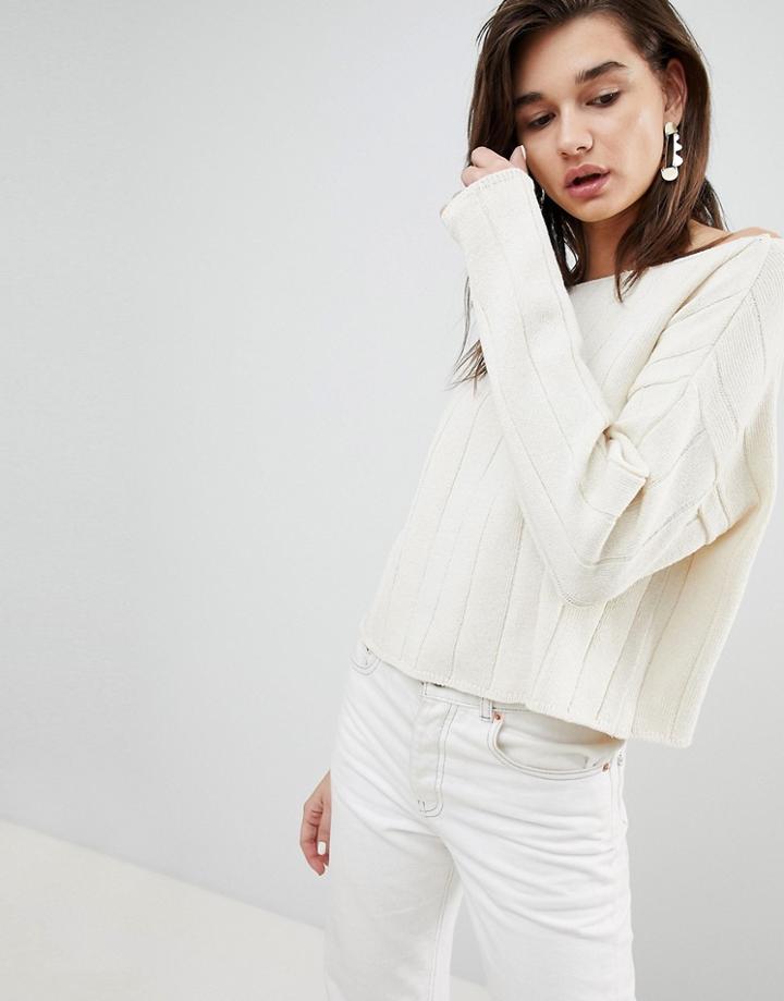 Asos Design Eco Off Shoulder Cropped Sweater In Oversized Rib - Cream
